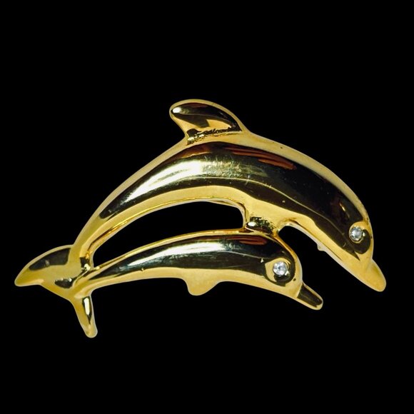 Gold Tone And Clear Rhinestone Dolphin Brooch (5732) - Picture 5 of 5